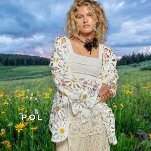 POL Sunny Yellow Daisies Open Knit Crochet Lace Cardigan Sweater Jacket Top